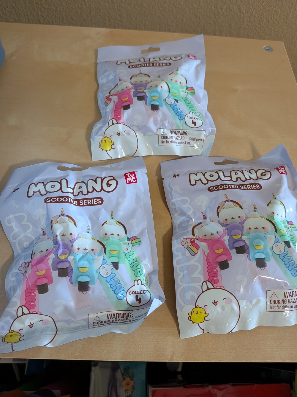3 Unopened Molang Scooter Series Collectible Keychain